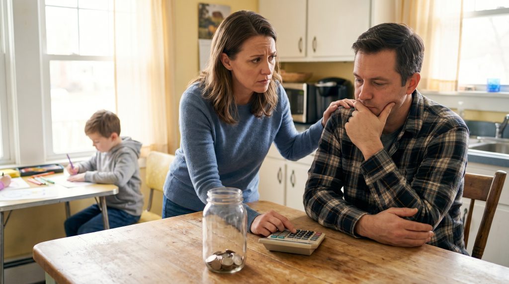 American family budgeting at kitchen table with calculator and savings jar, worried but determined expressions, recession survival concept