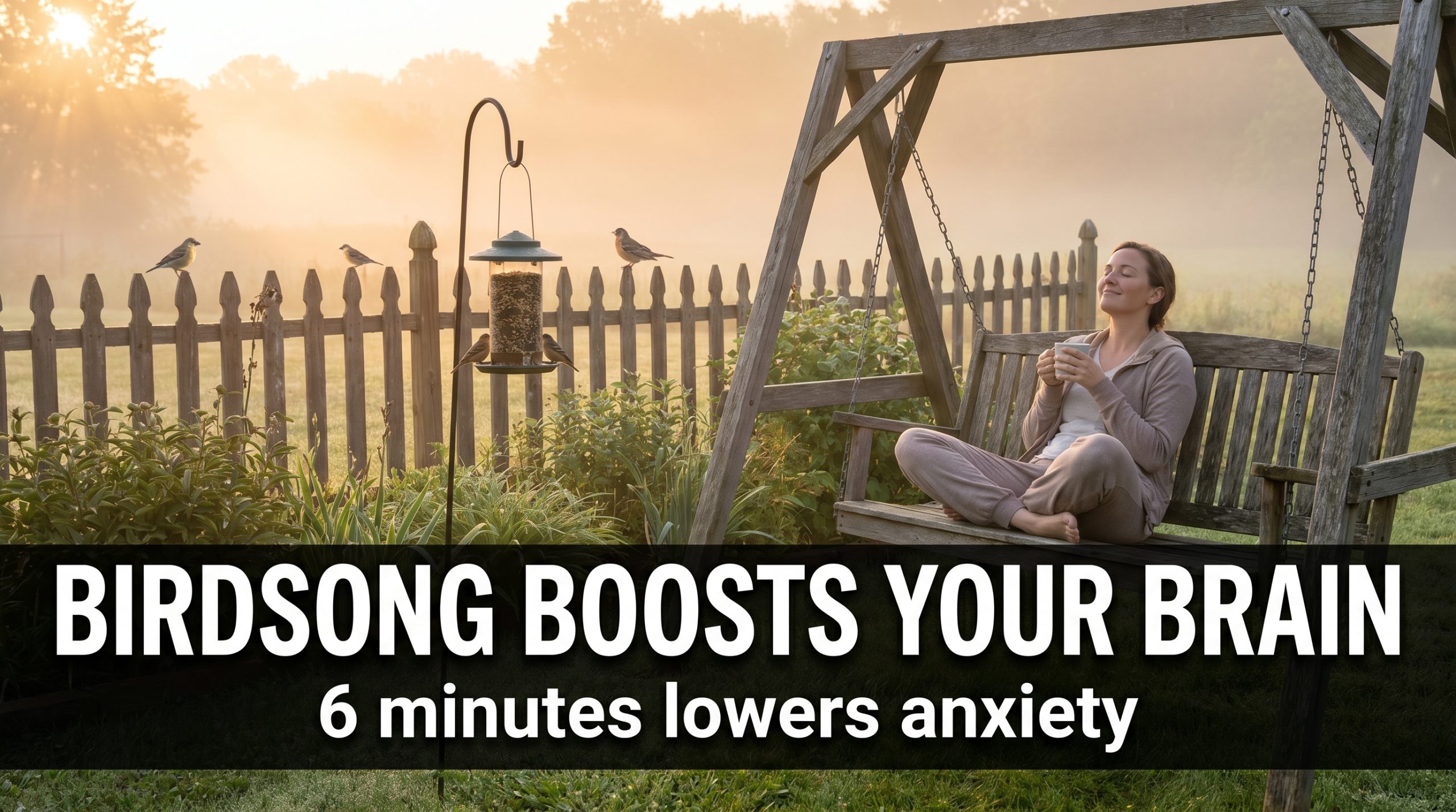 Person sitting on porch listening to birds singing at sunrise, mental well-being and nature therapy concept